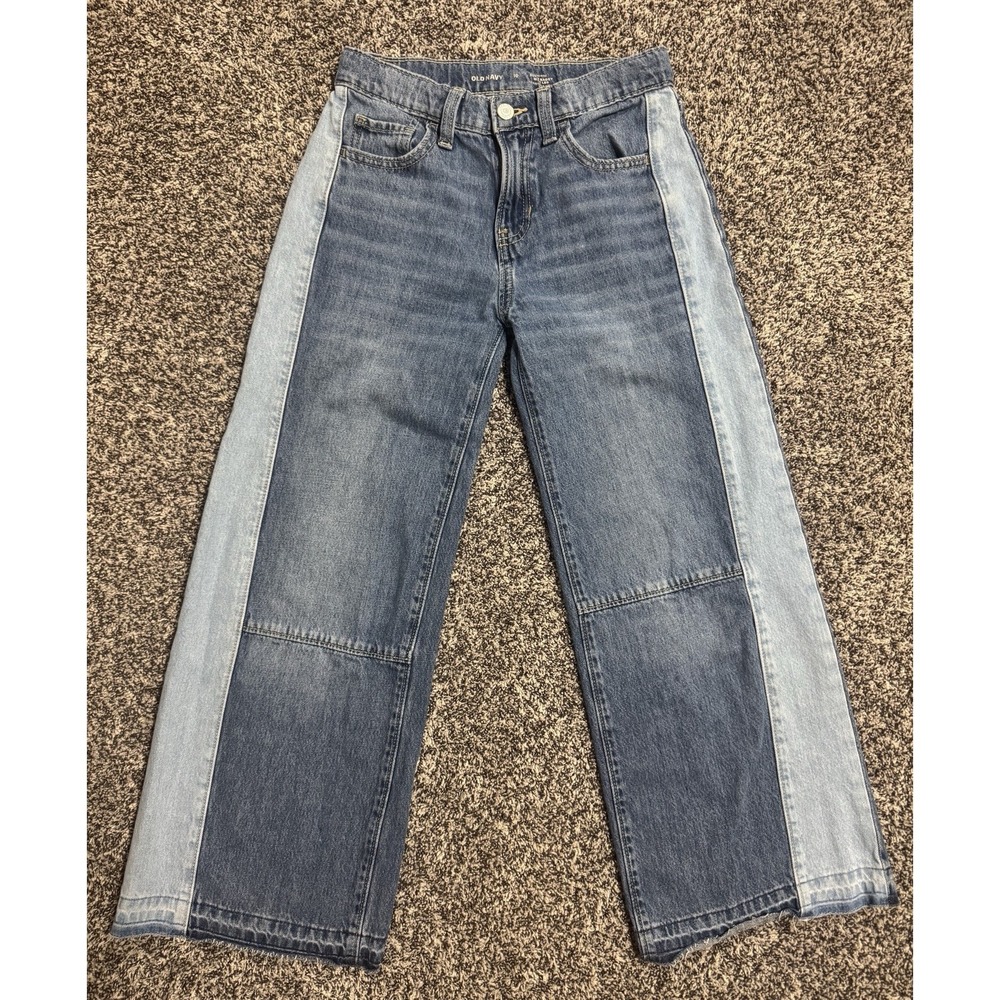 Old Navy High-Rise Super Baggy Wide Leg Jeans Girls 10‎ Two Tone Blue Raw Edge